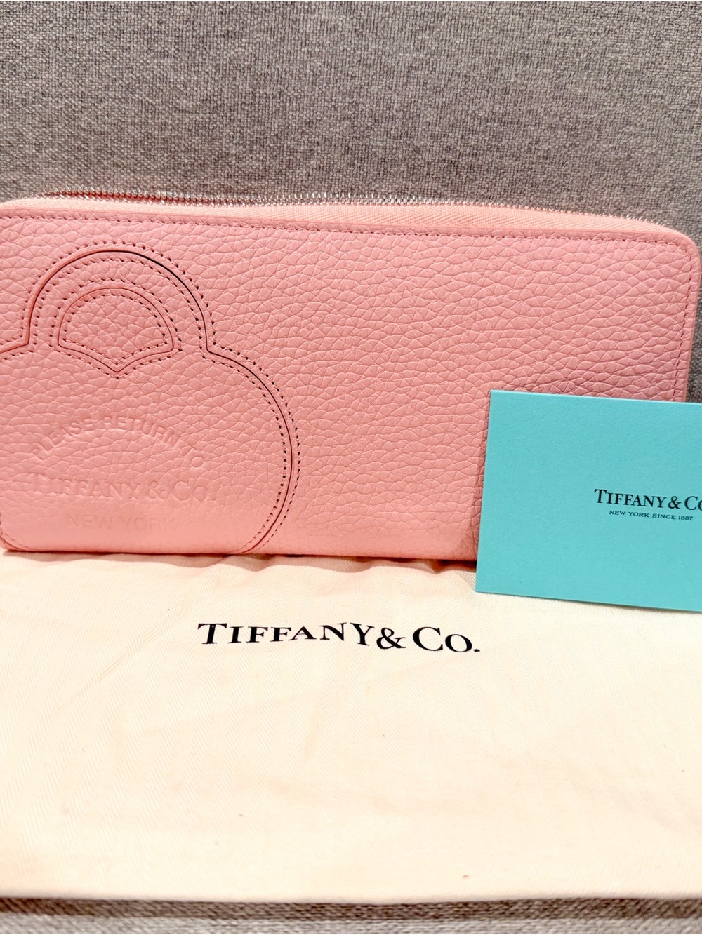 Tiffany & Co. Large Pastel Pink Pebbled Leather Zip Wallet